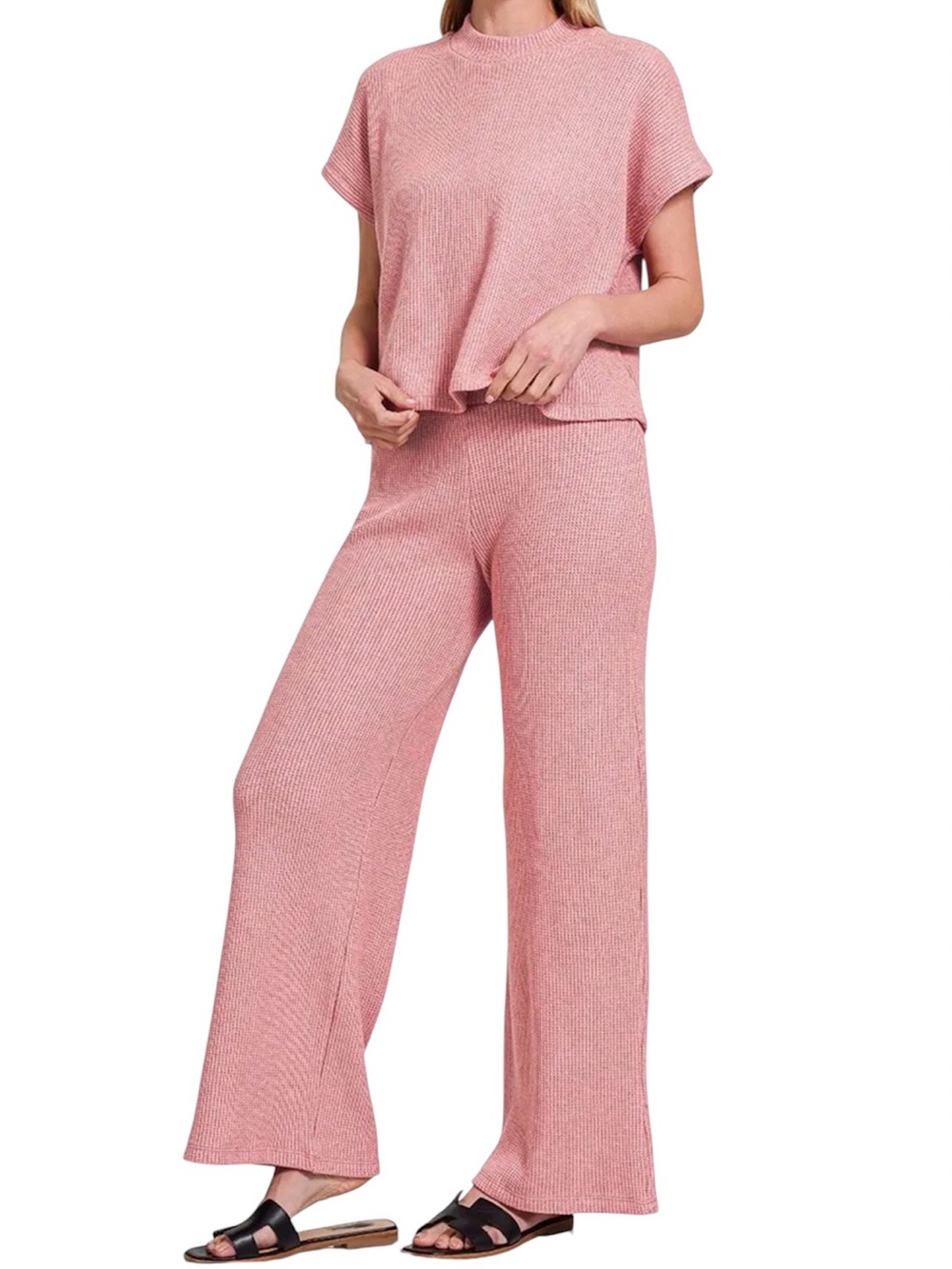Zenana Ribbed Sweater Boxy Top & Long Pants 2-Piece Lounge Set Medium Pink NWOT